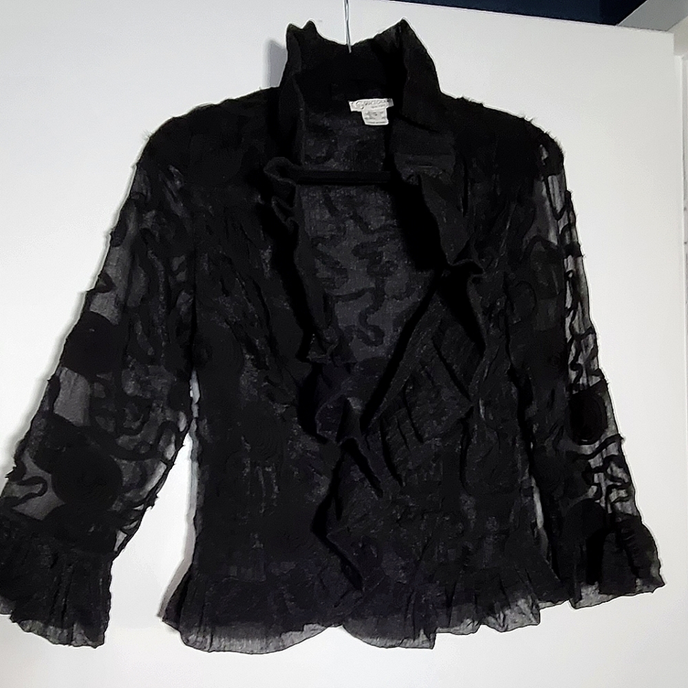 Grace Chuang New York Black Textured Bouquet Semi Sheer Ruffle Jacket